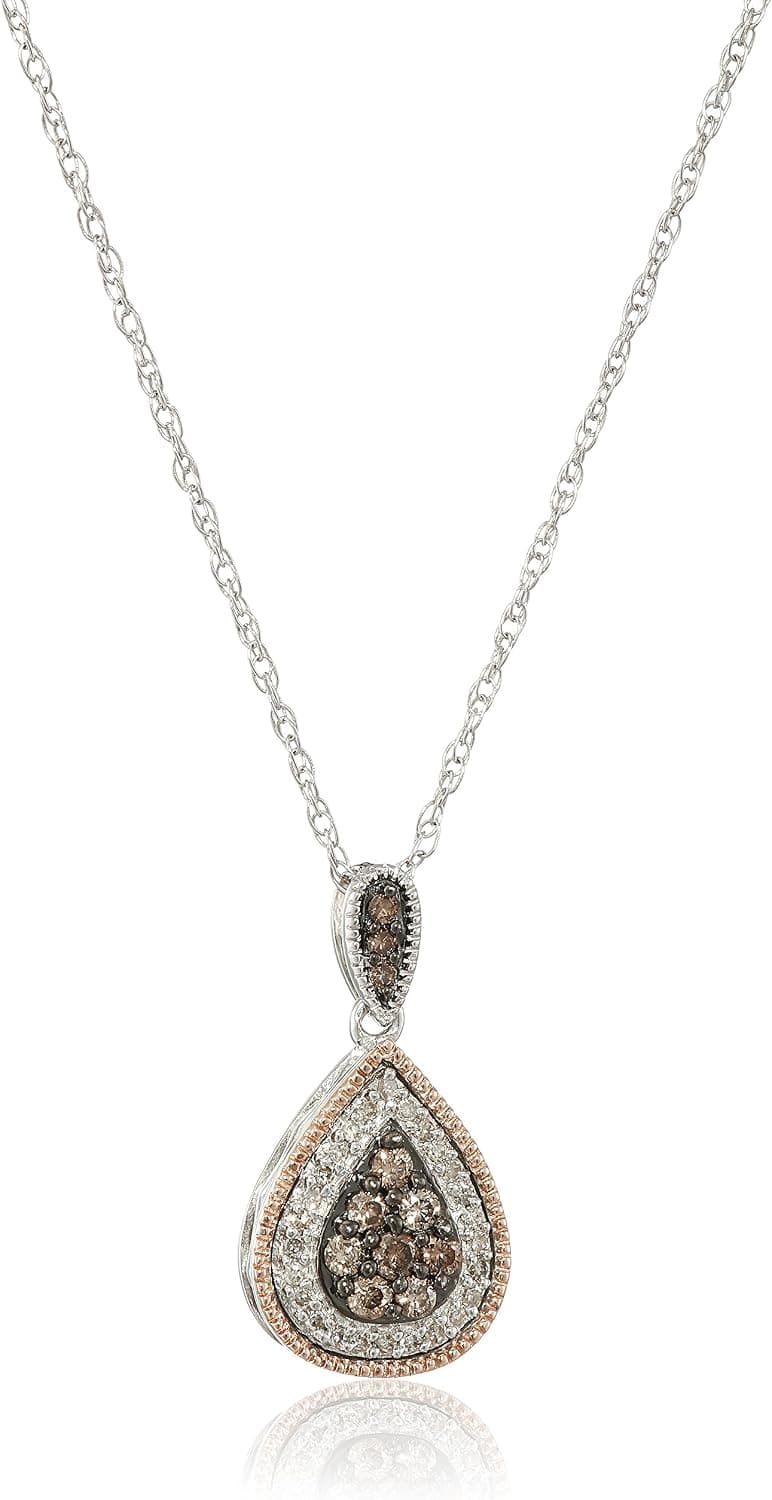 Amazon Collection Sterling Silver and 10k Pink Gold Two Tone with Champagne and White Diamond Pendant Necklace (1/3cttw, I-J Color, I2 Clarity), 18"
