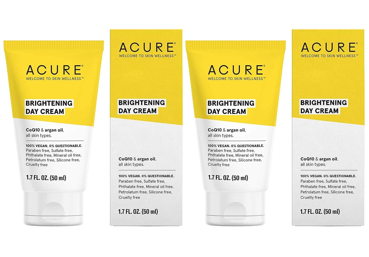 Acure Brilliantly Brightening Day Cream (Pack Of 2) with Gotu Kola Stem Cells, Chlorella Growth Factor, Aloe Vera Juice, Safflower Seed Oil and Red Mandarin Oil, For Normal To Dry Skin, 1.75 Fl. Ounce