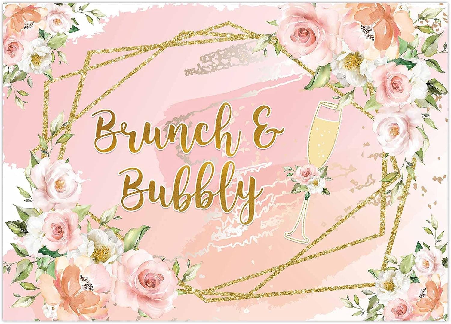 Funnytree 7x5FT Brunch and Bubbly Bridal Shower Party Backdrop Pink Floral Gold Champagne Background Wedding Bachelorette Engagement Decoration Banner Supplies Photo Booth Props