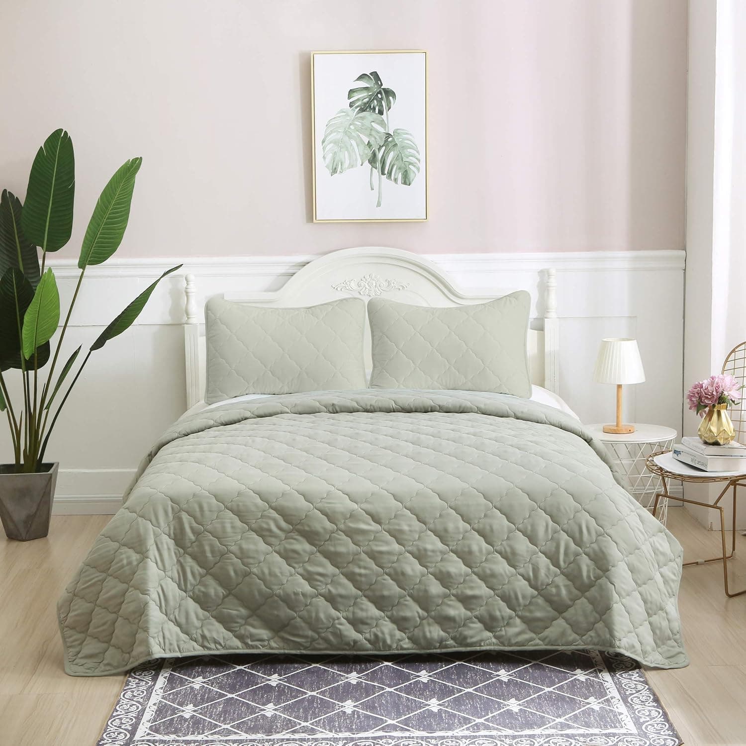 ALPHA HOME 3-Piece Diamond Quilt Set Bedspread Set, King Size Comforter Lightweight Bedding Bedspread Coverlet Set, Sage, Includes 1 Quilt, 2 Shams