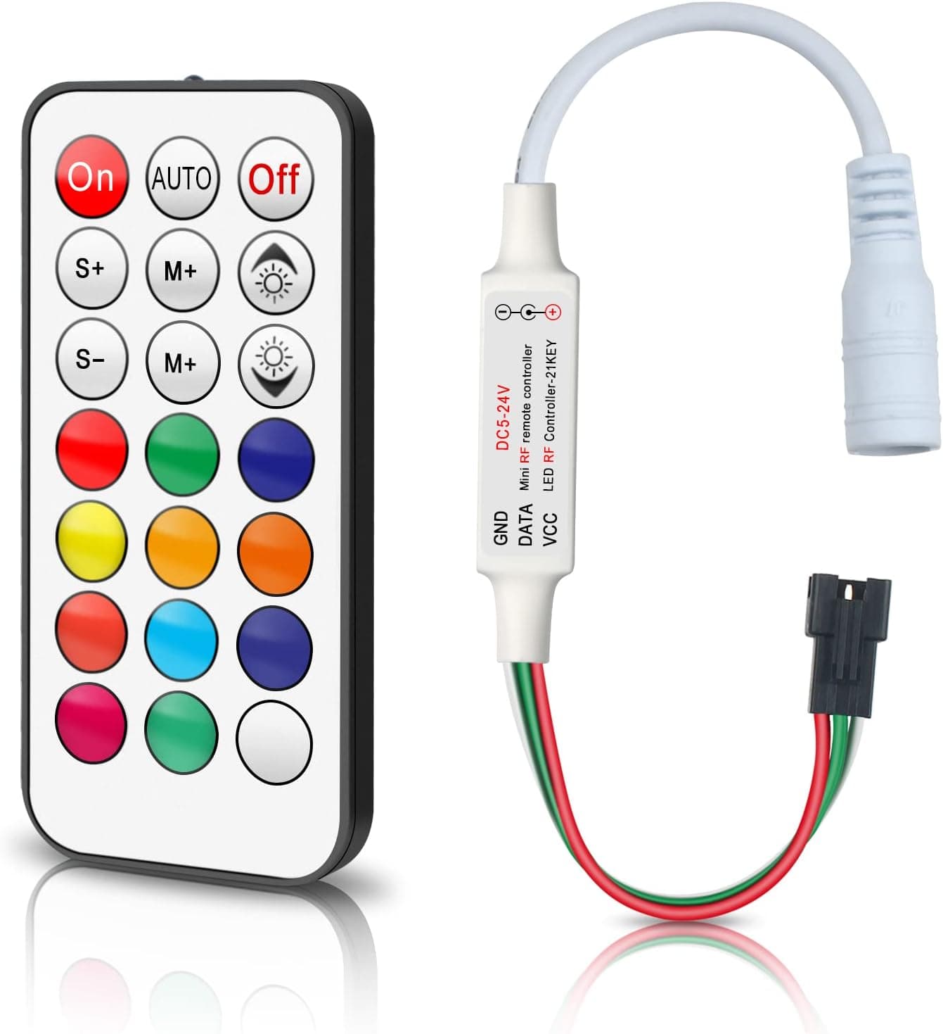 RGBZONE DC5V/12V/24V RF Wireless Remote LED Controller, Addressable Mini LED Controller for WS2812B WS2811 Dream Color LED Pixel Strip Panel Lights (21 Key)
