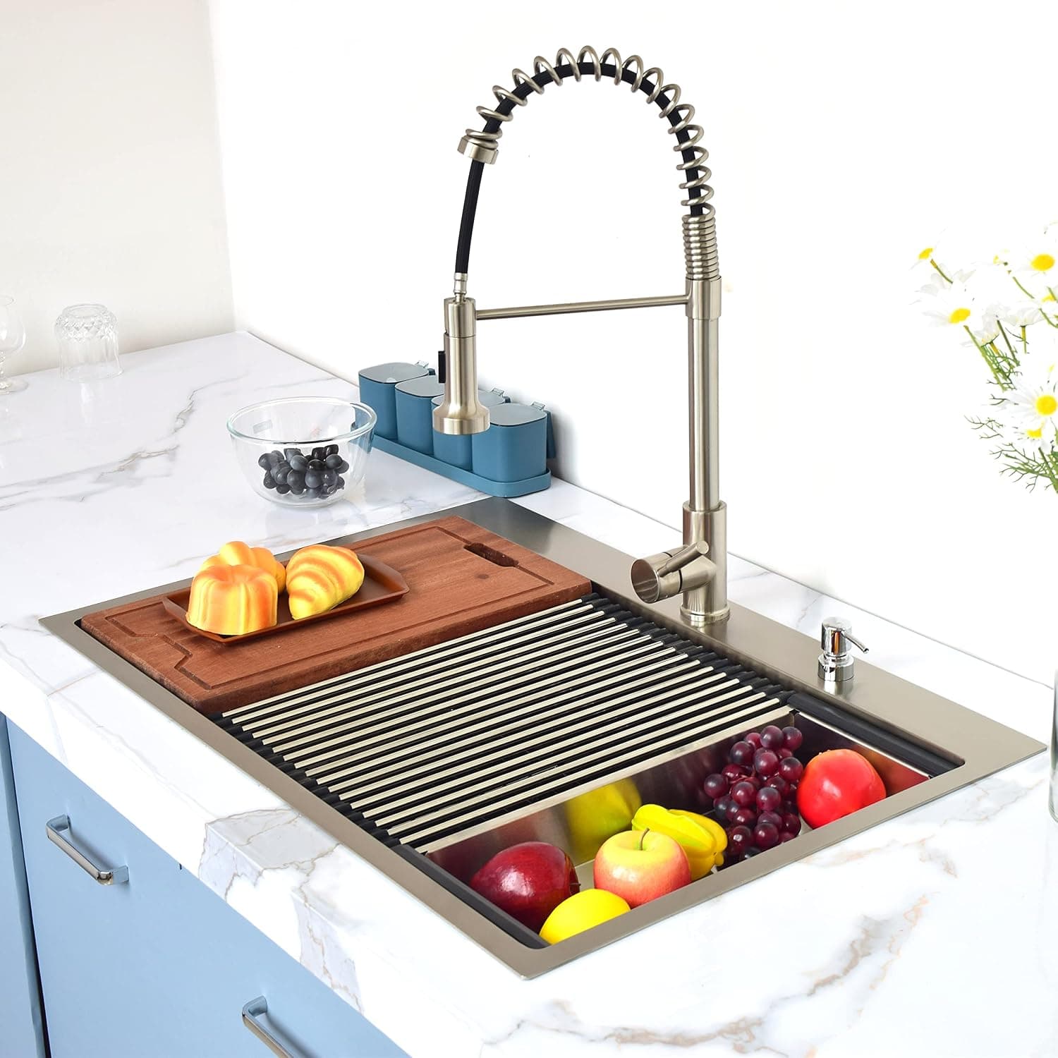 AGABOK Drop in Kitchen Sink, 33x22 Inch Workstation Kitchen Sink, SUS304 Stainless Steel Sink, Handmade 10 Inch Deep Single Bowl Kitchen Sinks, Topmount Sink with Integrated Ledge and Accessories
