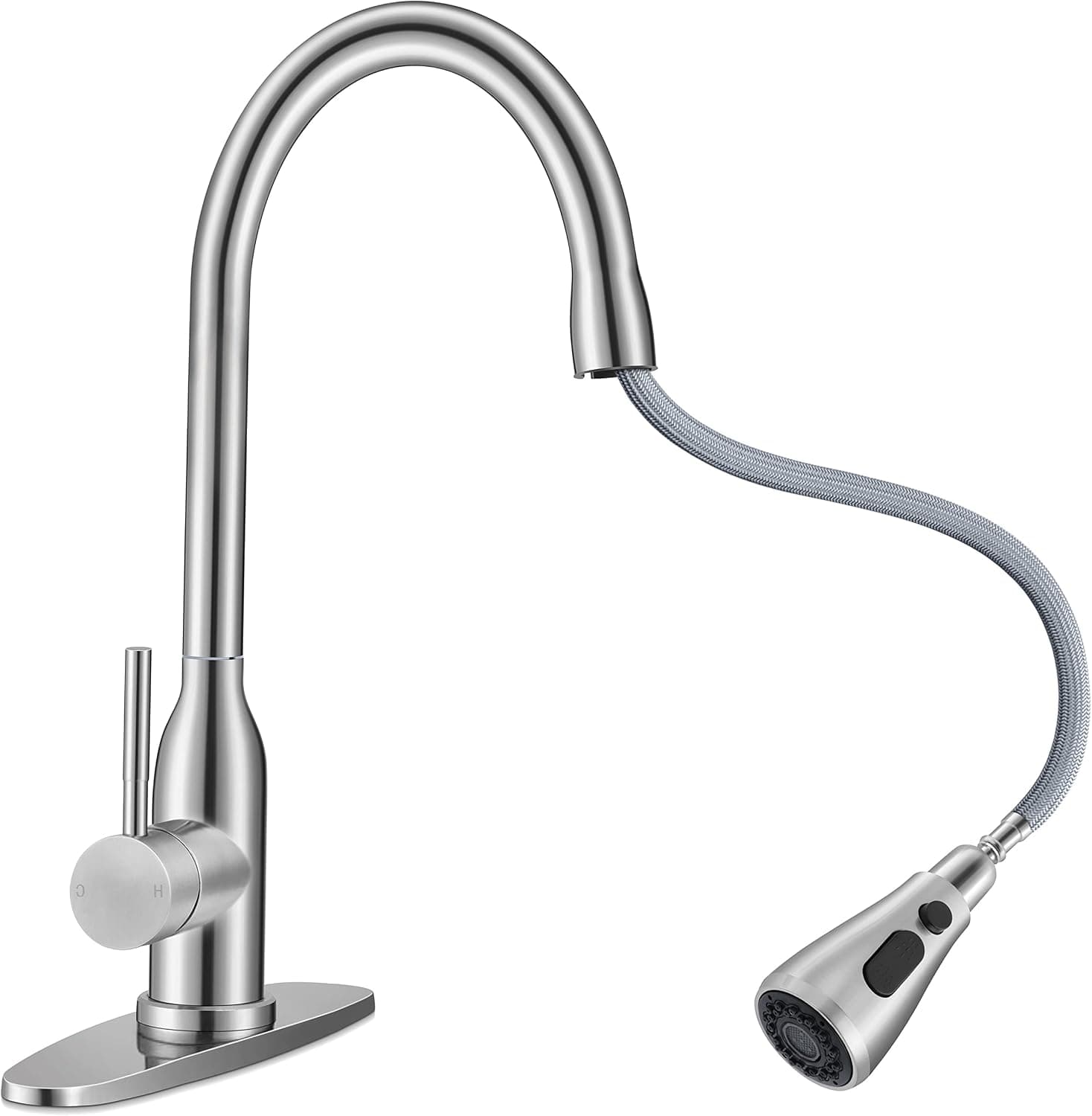 Homikit Kitchen Sink Faucet Brushed Nickel with Pull Down Sprayer, 304 Stainless Steel Kitchen Faucets with Deck Plate for 1 or 3 Hole, High Arc Commercial Faucet for Farmhouse Laundry Utility Rv Bar