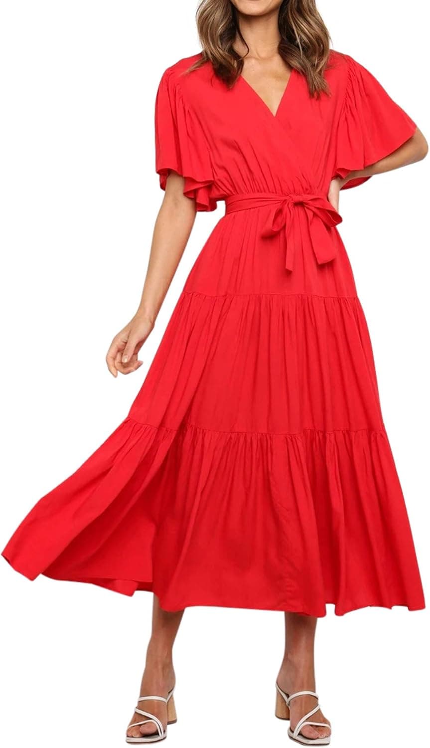 R.Vivimos Women's Fall Cotton Long Sleeves Irregular Polka Dot V Neck Casual Flowy Midi Dress