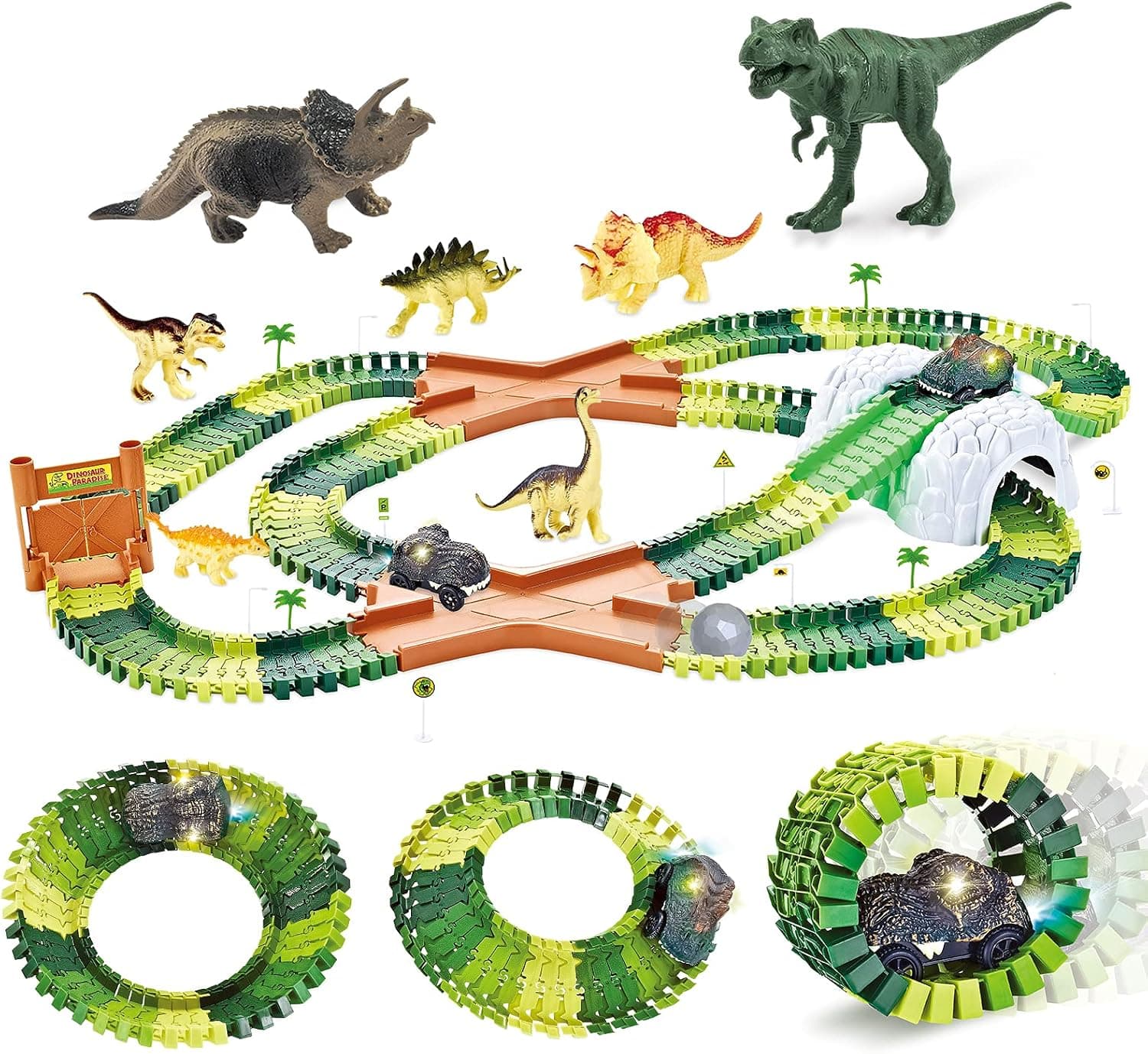 Dinosaur Toys Race Car Track for Kids，245 Pcs Create A Dinosaur World Road Race Track Flexible Track Playset and 2 pcs Cool Dinosaur car for 3 4 5 6 Year Old boy Girls Best Gift