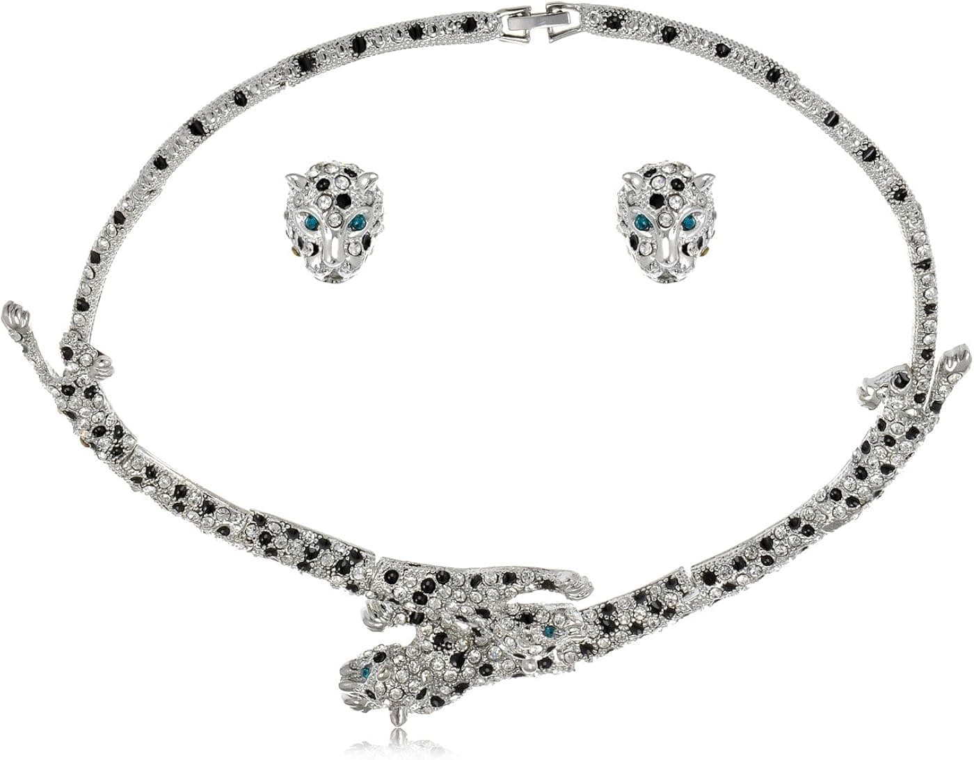 Alilang Womens Silvery Tone Clear Rhinestones Animal Spotted Leopard Cheetah Necklace Earrings Set
