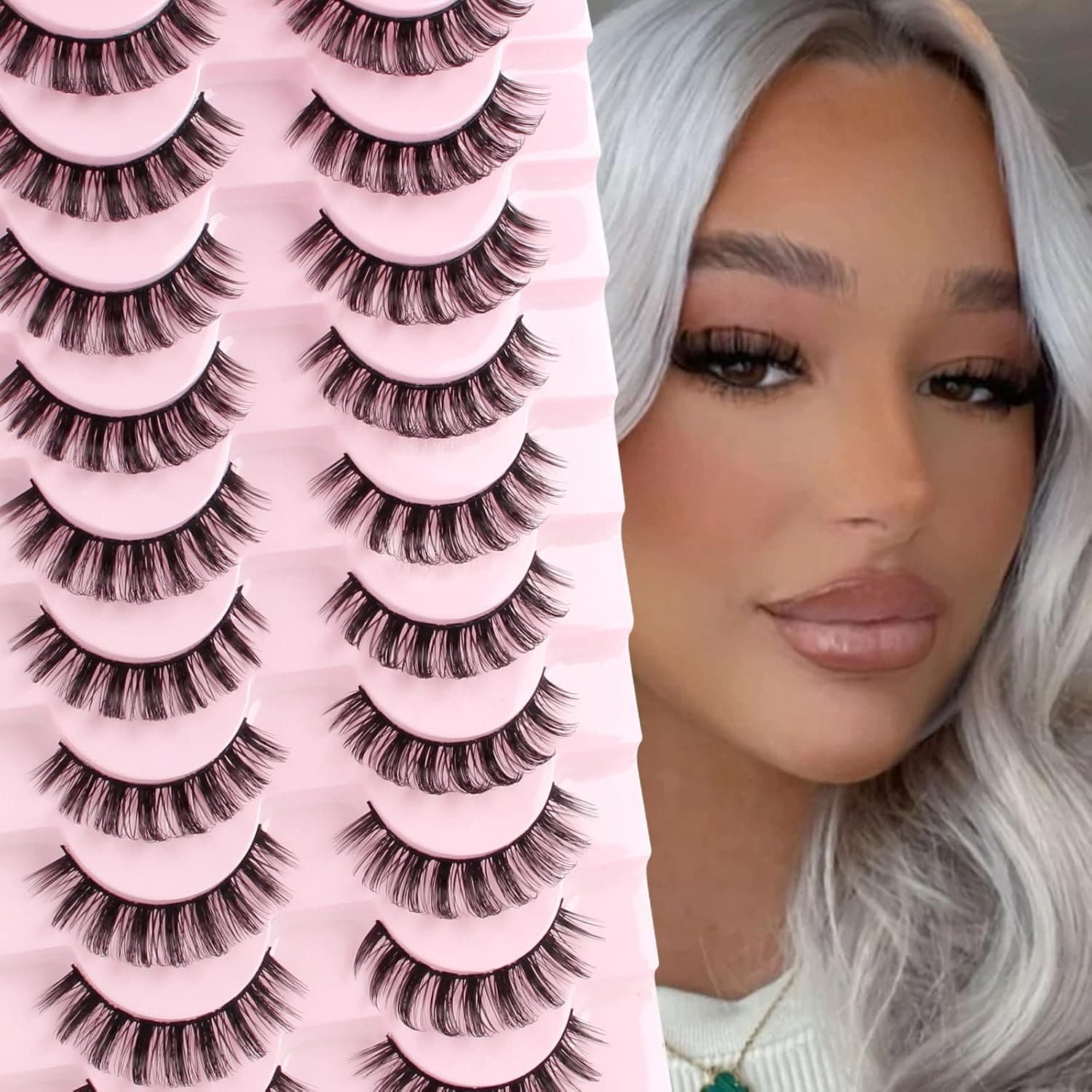 Glowingwin Russian Strip Lashes that Look Like Extensions Volume D Curl Hybrid Strip Lashes Natural 10 Pairs Pack False Eyelashes 3D Curly Faux Mink Fluffy Fake Eye Lashes