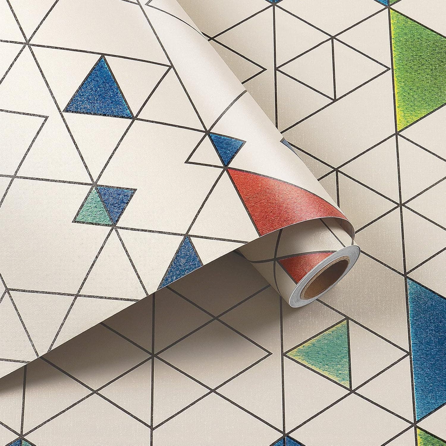 HelloWall 17.71"x 315"Peel and Stick Geometric Wallpaper Colourful Triangle Pattern Self Adhesive Contact Paper Cream Geometric Wallpaper Roll for Kids Room Cabinets Cute Temporary Wallpaper Removable