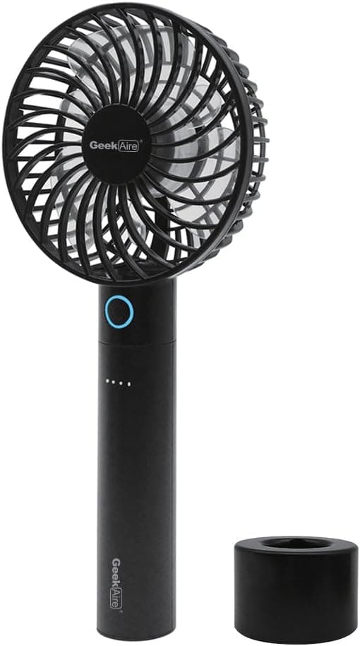 Geek Aire 2600mA Power Bank Fan, Rechargeable Mini Personal Handheld Fan, Lithium-ion Battery, Charging Dock, 5 Speed Settings, Cordless, for Household Office Traveling Outdoor, Charcoal Black