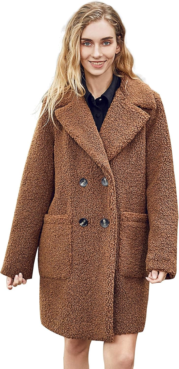 Faux Fur Long Jacket Coat Women Winter Fluffy Fuzzy Brown Faux Fur Shearling Coat Women Teddy Faux Fur Coat Lamb Faux Fur Jacket Fleece Mid Length Knee Outerwear Women Coat Double Breast Pea L…