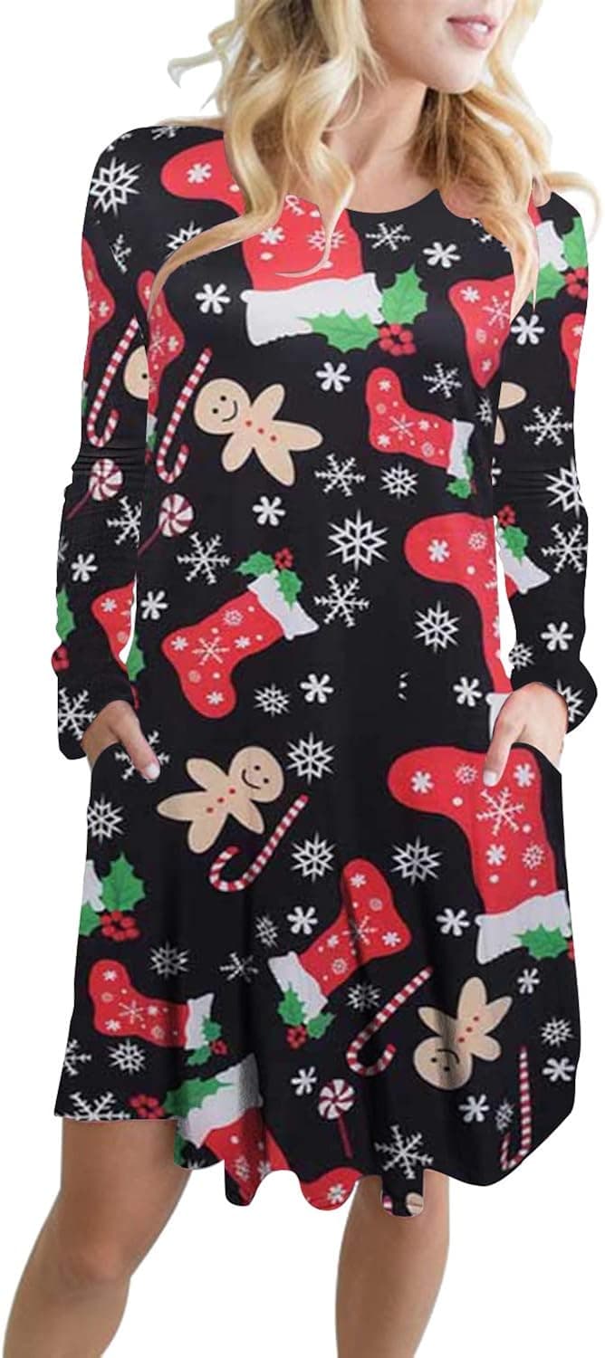 LaSuiveur Women's Christmas Santa Claus Print Pullover Flared A Line Dress