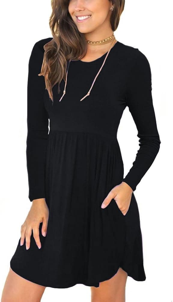 IWOLLENCE Women's Long Sleeve Loose Plain Dresses Casual Short Dress with Pockets Black-XL