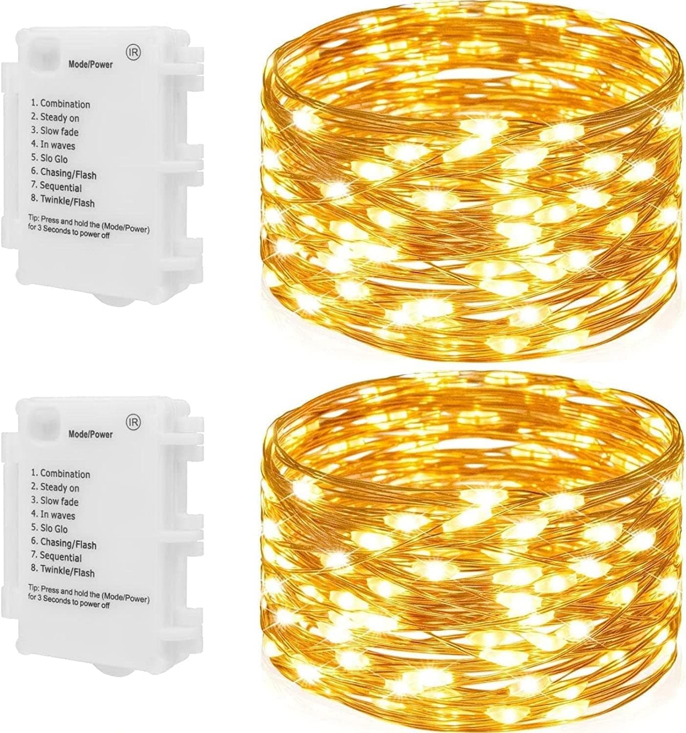 koopower 2X 100 LEDs Micro Lights w/ Timer Battery Operated 36ft Waterproof Copper Wire, Warm White
