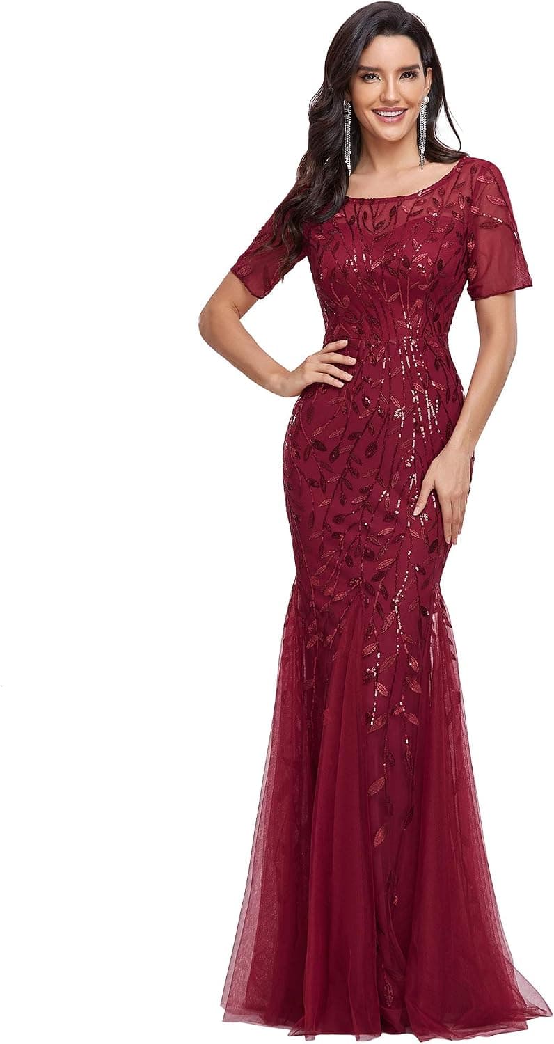 Ever-Pretty Women's Elegant Illusion Short Sleeve Sequin Embroidery Mermaid Evening Dress 07707-USA