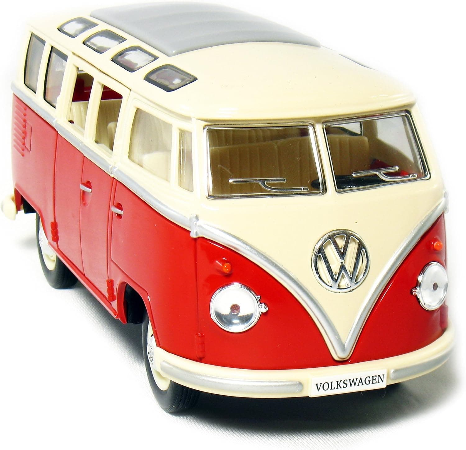 KINGSMART 1962 Volkswagen Classic Hippy Bus 7" 1:24Scale Red Die Cast Metal Model Toy Pull Back Action Car