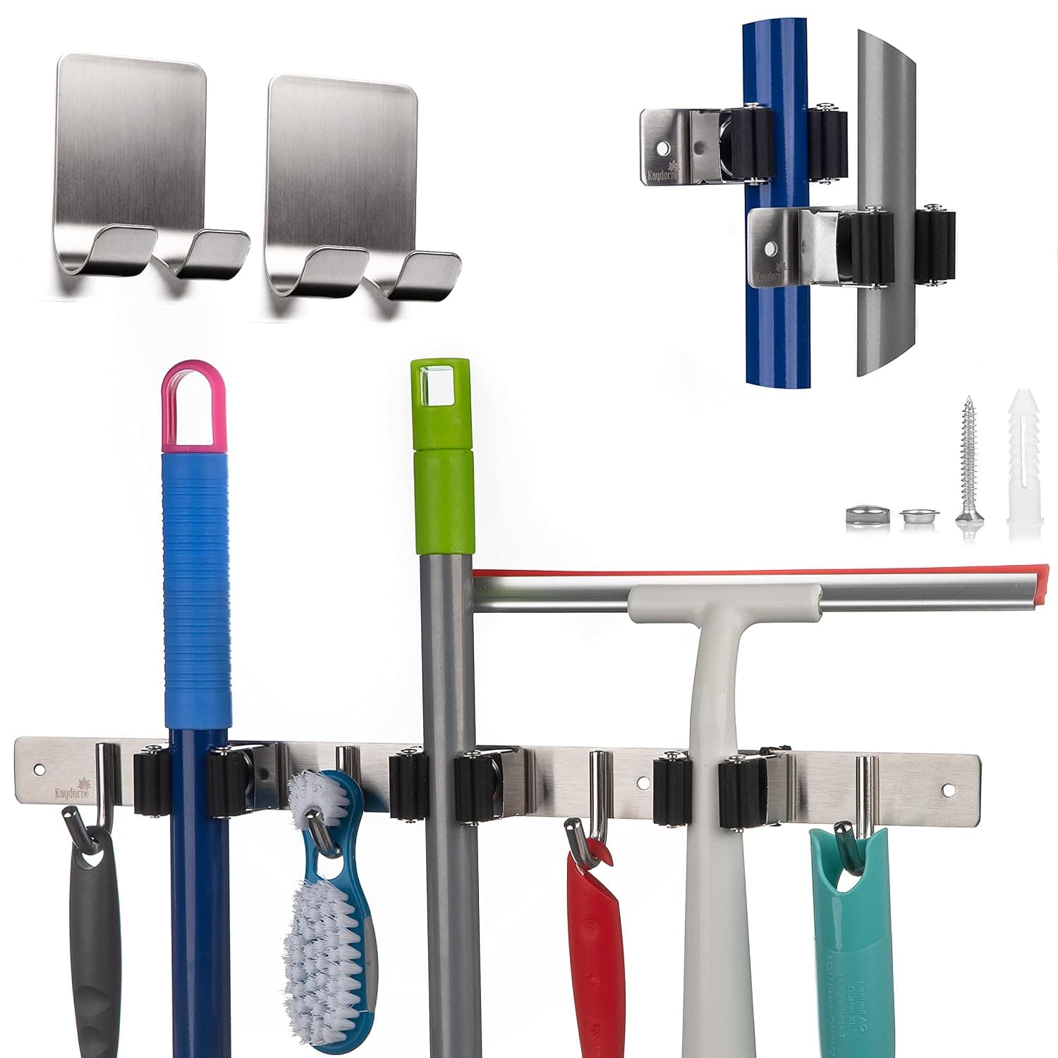 Kaydorro Broom Holder - Premium Stainless Steel Mop Holder - 17" Broom Holder Wall Mount with 3 Racks 4 Hooks, 2 Razor Holder - Ultra Strong and Durable - Garage Tool Organizer Wall Mount