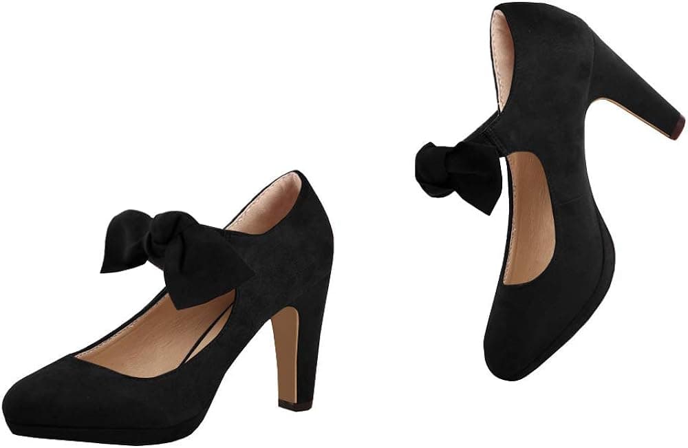 Syktkmx Womens Bowknot Mary Jane Shoes Block Heel Closed Toe Ankle Strap Office Work Pumps