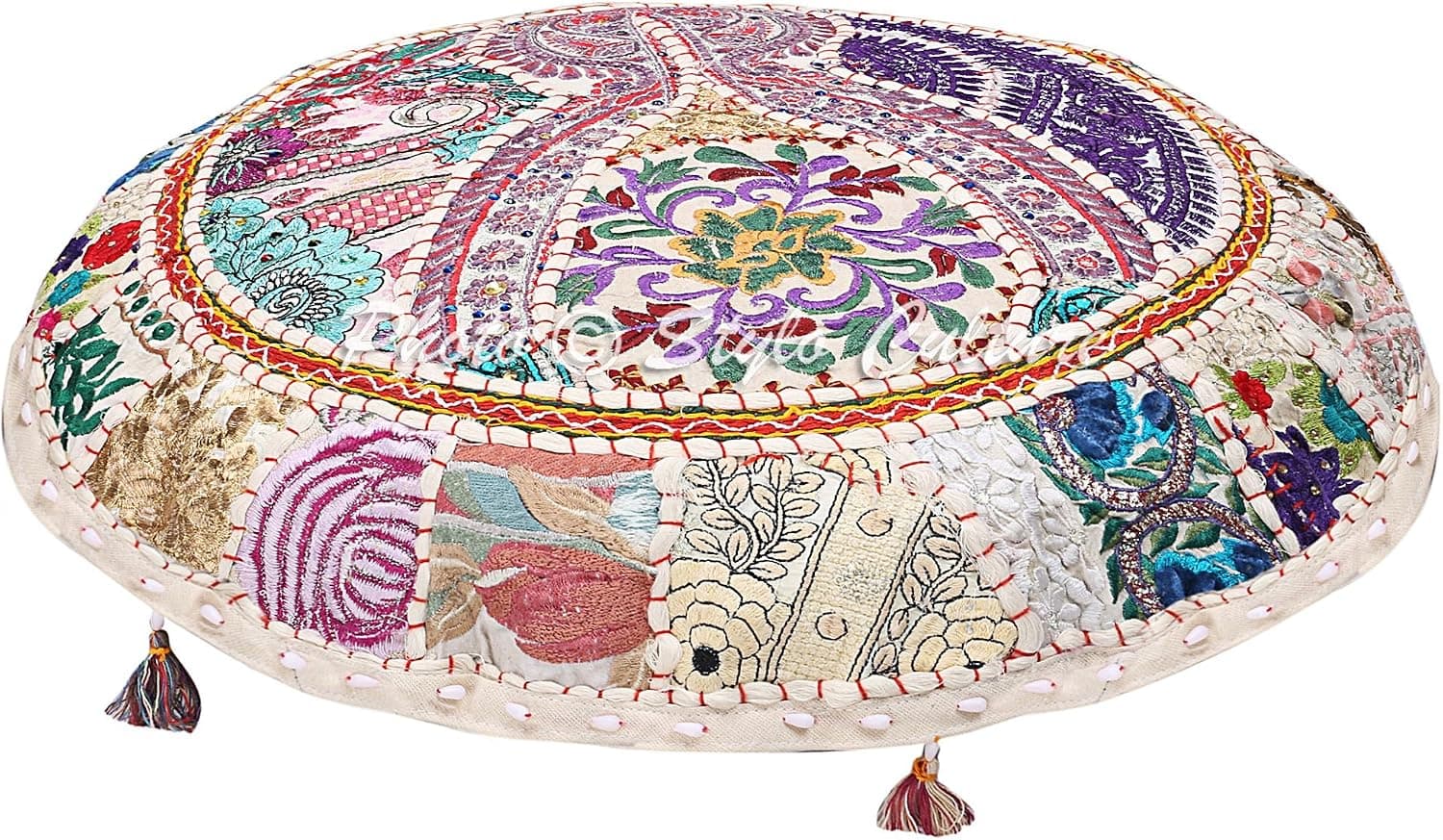 Stylo Culture Indian Kids Floor Pillow Vintage Patchwork Cushion Cover White Oversized 40x40 Inch Decorative Round Decor Seating Tuffet Seat Pouf Cover Footstool Cotton Embroidered 1 Pc