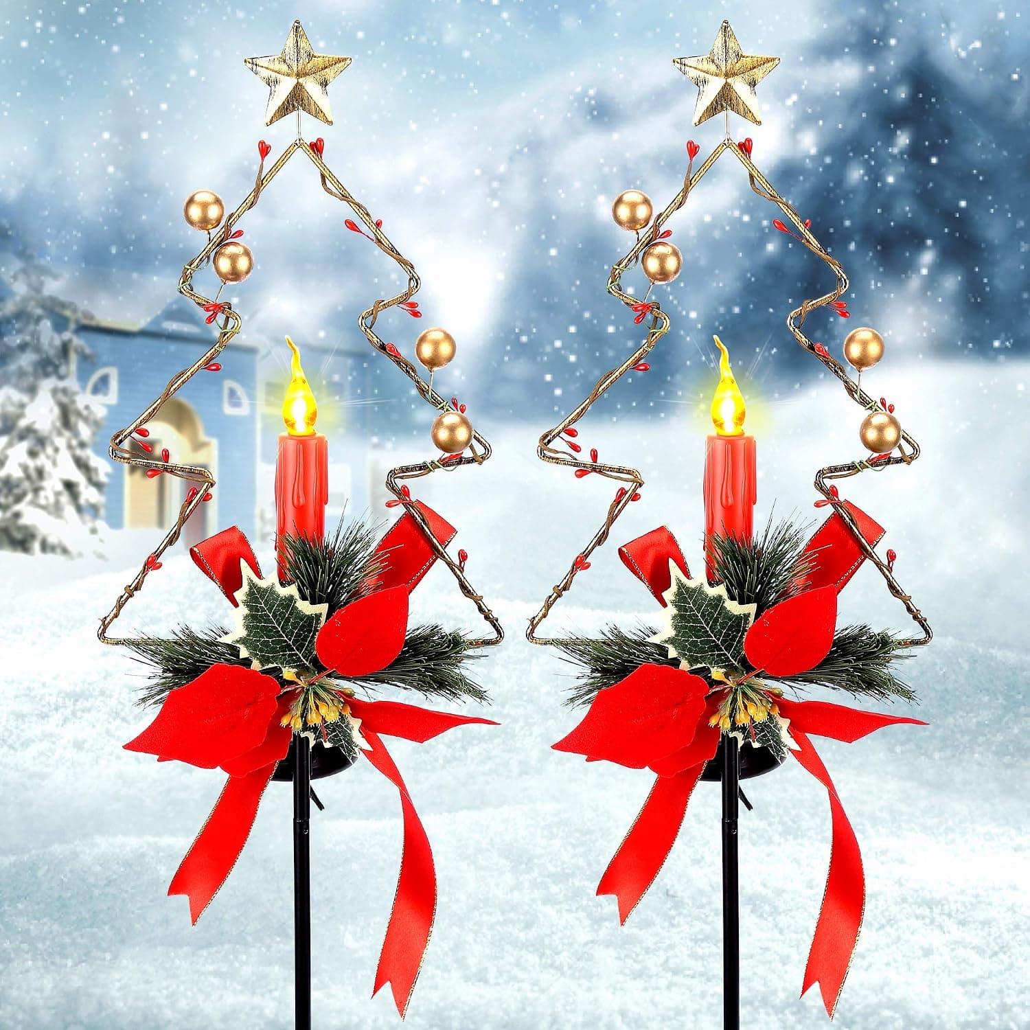 SOLLED Solar Christmas Candle Garden Stakes Outdoor, Waterproof Solar Powered Xmas Candle Pathway Lamp Garden Stake Landscape Lights Decorations for Garden, Lawn, Yard, Path -2 Pack