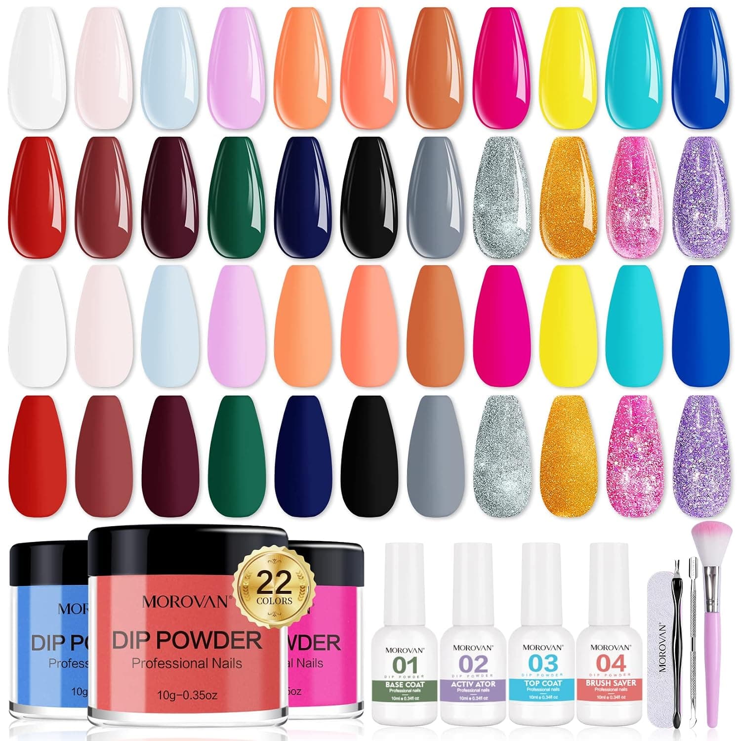 Morovan Dip Powder Nail Kit - 22 Colors Nail Dip Powder Kit Professional Dipping Powder Nail Set Dip Nails Powder with Base Top Coat Activator Plus Manicure Tools Kit