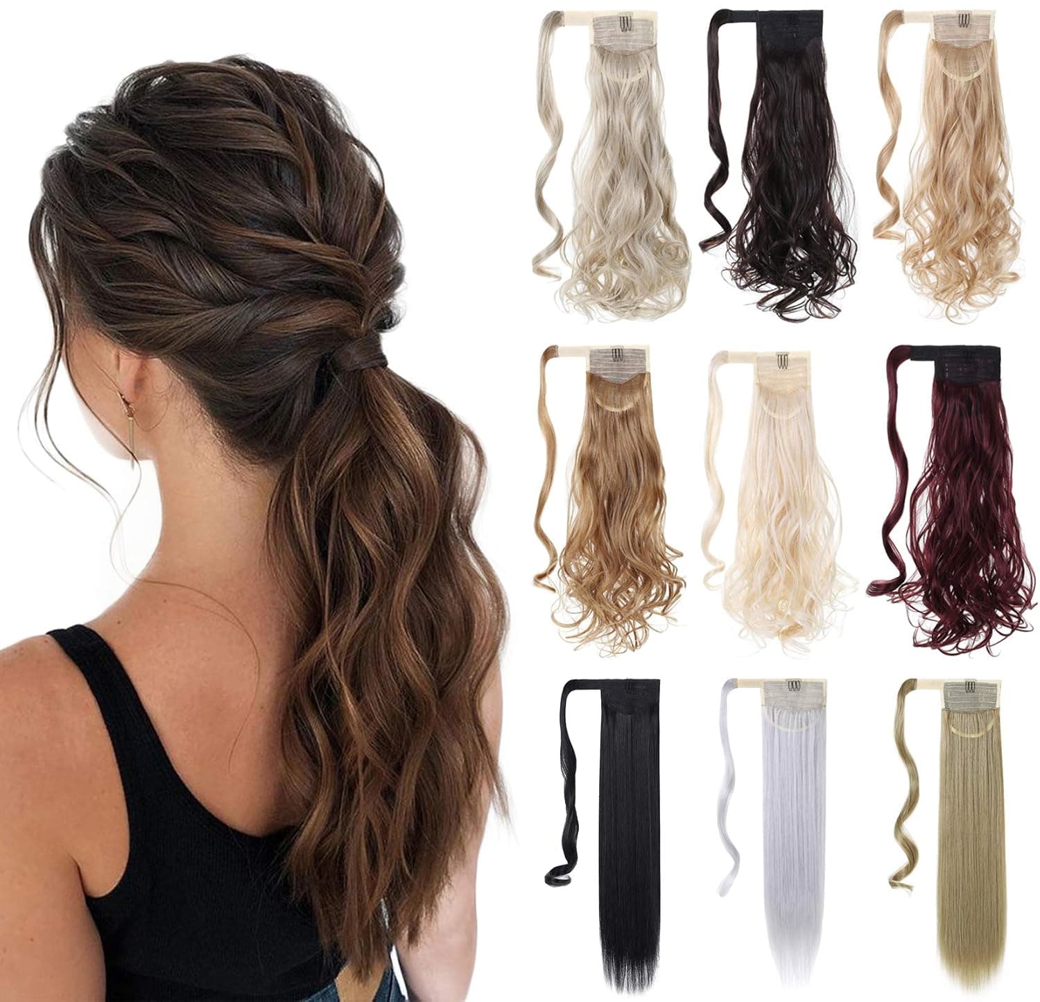 XBwig Ponytail Hair Extension 18" 23" Clip In Straight Curly Drawstring Hairpiece Synthetic Wrap Around Hair Piece For Women 90G(18" Dark Black)