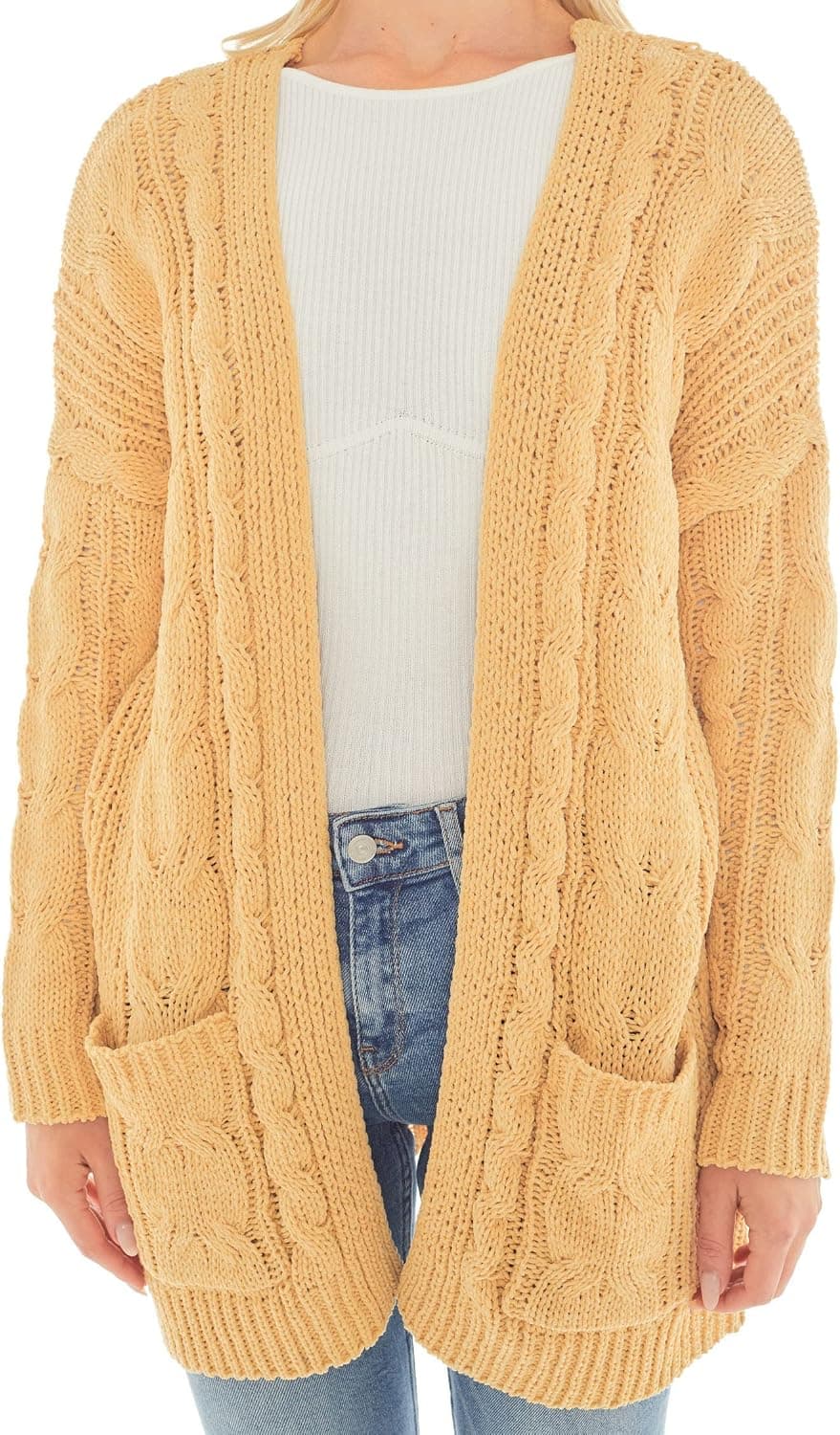 Love Tree Women's Matt Chenille Cable Knit Cardigan Sweater with Pockets - Chunky Loose Oversized Fit Cardigan