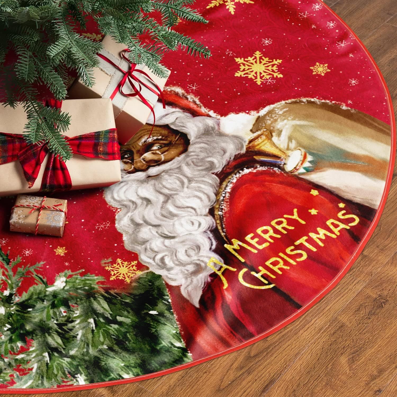AVOIN colorlife Black Santa Claus Christmas Tree Skirt, A Merry Christmas Xmas Holiday Party Tree Mat Indoor Outdoor Decoration 36 Inch