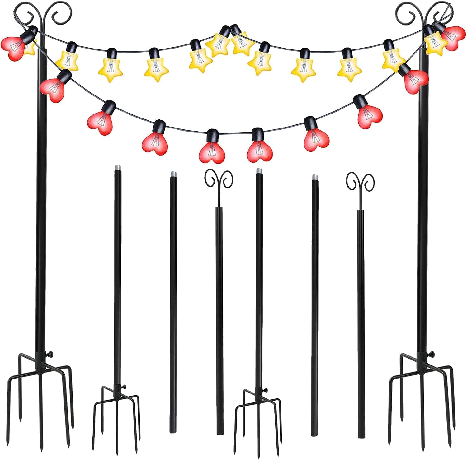 VASALAID Outside String Light Poles, 10ft Sturdy 4 Prong Fork Stainless Steel Pole Post Stand for Hanging String Lights + Used for Patio, Yard, Garden, Party or Wedding (2 Pack,Black)