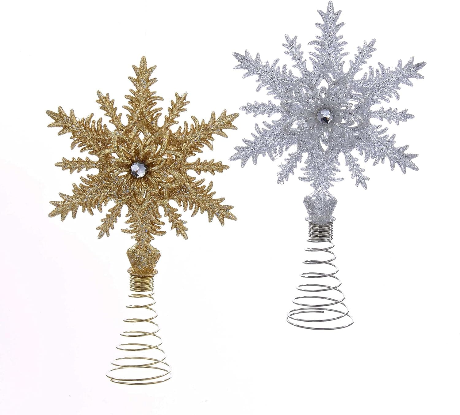 Kurt Adler Glitter Snowflake W/clear Gem Stone Treetop 2/asstd Colors: Gold & Silver