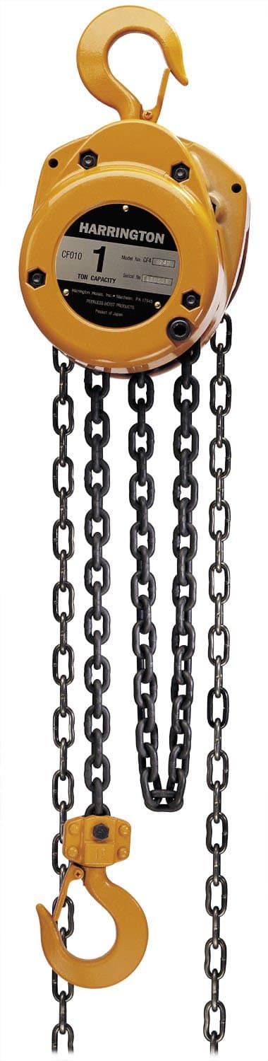 Harrington CF Hand Chain Hoist, Hook Mount, 1 Ton Capacity, 10' Lift, 14.6" Headroom, 1.1" Hook Opening