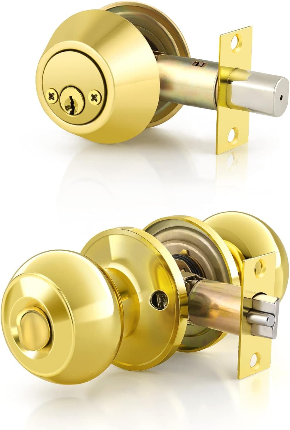 Goldentimehardware (3 Pack) Keyed Alike Entry Door Knobs with Double Cylinder Deadbolt Lock Combo Set for Entrance and Front Door Lock with Polished Brass Finish,Combo Pack Door Lock with Key