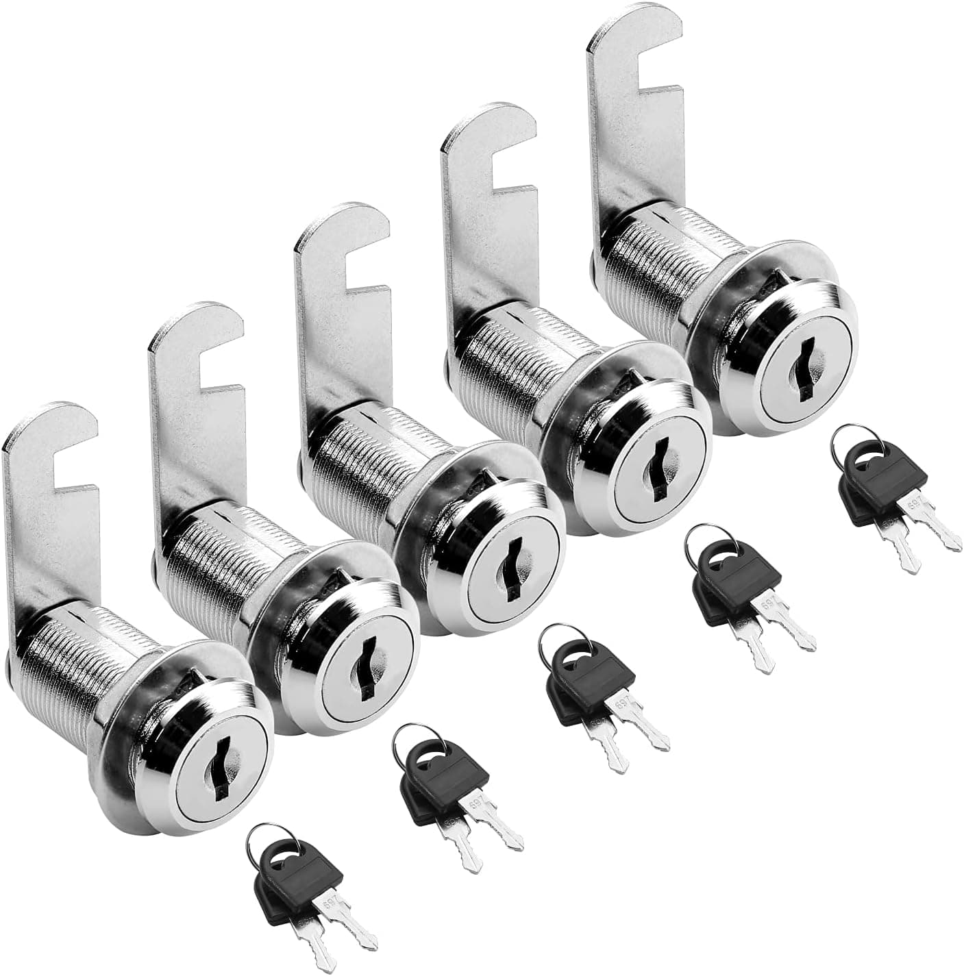 Furniware Cabinet Cam Lock Set, 5 Pack Keyed Alike 1-1/8 Inch Cylinder Cam Locks for Secure Mailbox File Drawer Dresser RV Compartment Lock Tool Box , Chrome-Finish Zinc Alloy