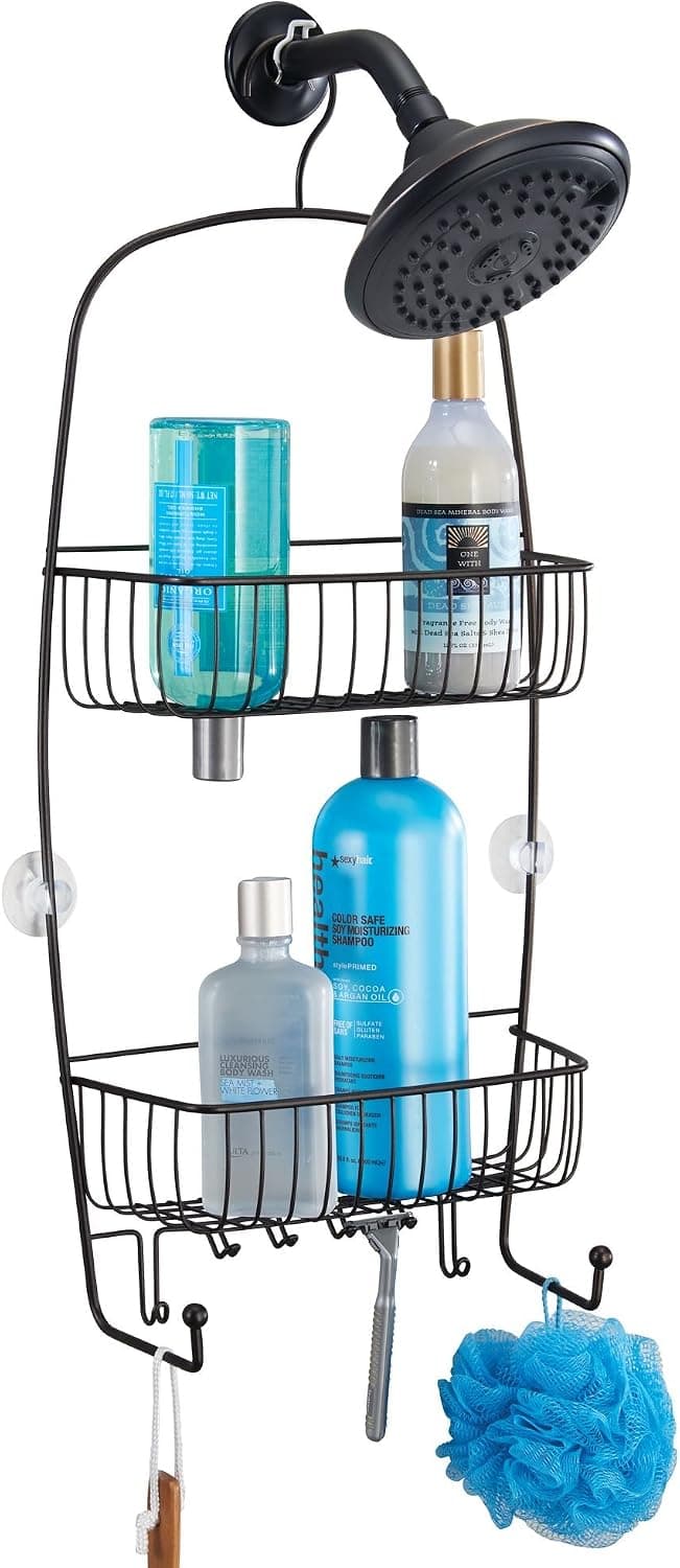 mDesign Extra-Large Hanging Shower Caddy Organizer with Hooks and Baskets â€“ Two Tier, Bronze