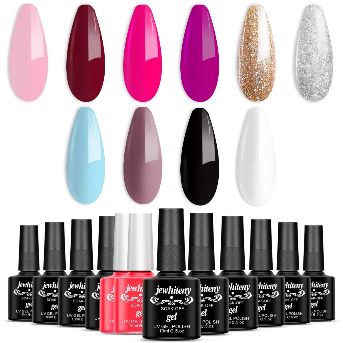 JEWHITENY Gel Nail Polish Set - 10 Colors Gel Polish Kit Nail Gel Polish Soak Off LED Gel with Nail Manicure Kit Gel Top Coat Base Coat Nail Art Designs
