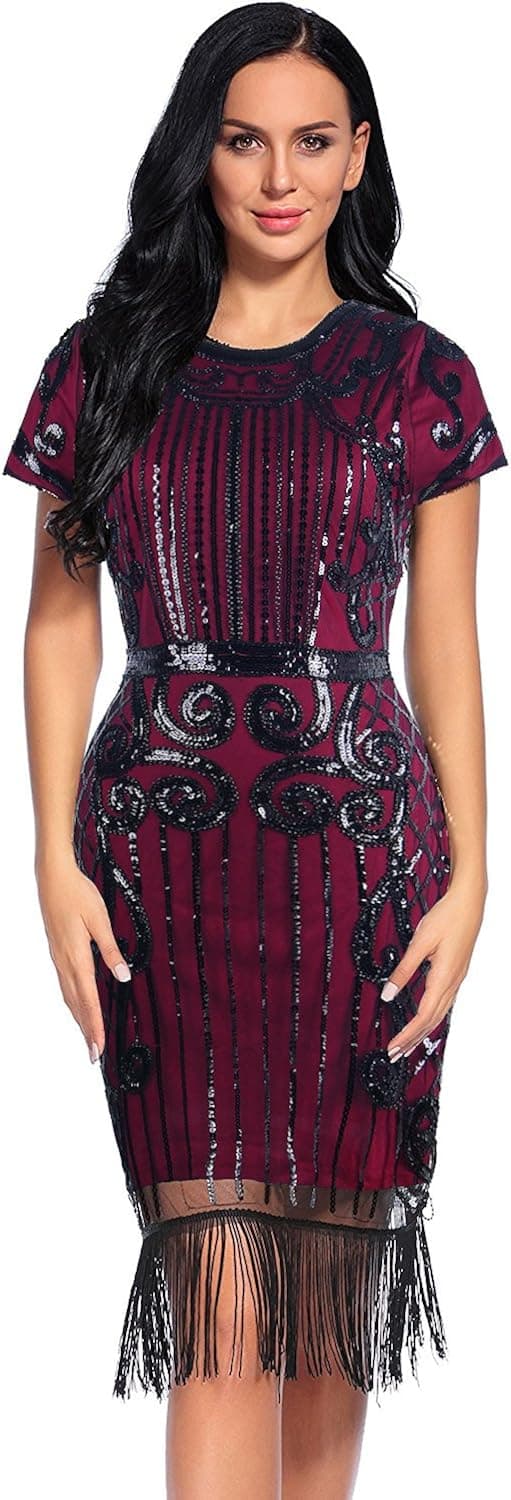 Women's Flapper Dress 1920s Gatsby Sequin Fringe Short Sleeve Cocktail Dresses