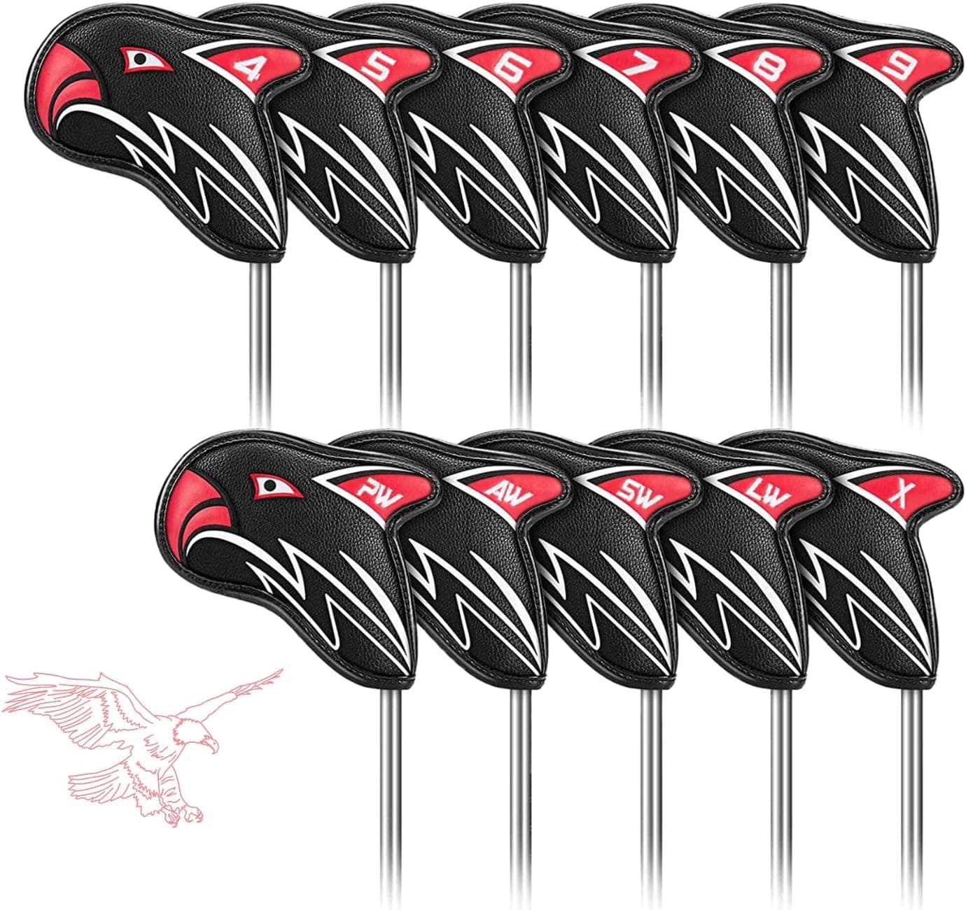 Golf Iron Head Covers 11pcs Thicken Eagle PU Leather Soft Black Embroideried Edging Closely Protector Right Handed Waterproof Durable Fit Most Clubs Wedge （4-9 Pw Aw Sw Lw X） Number