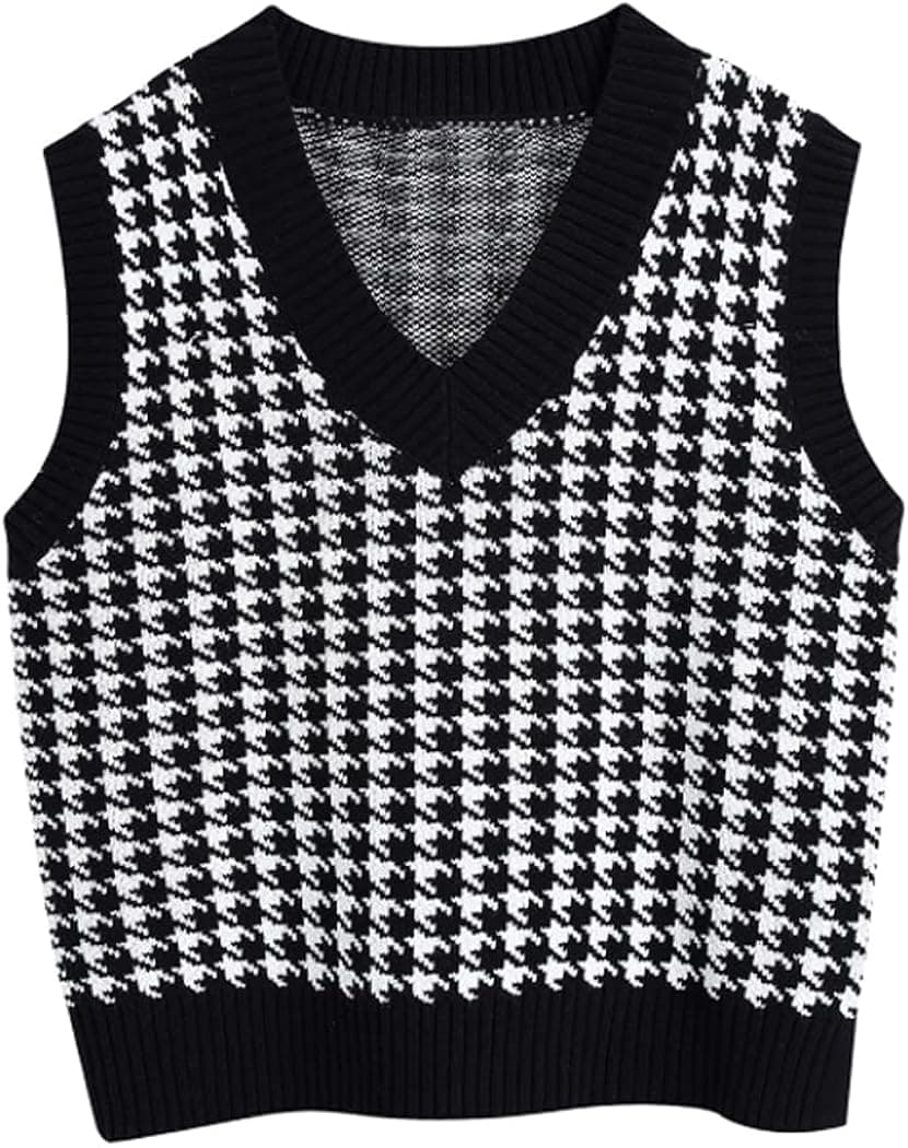 Gulajia Oversized Women Houndstooth Pattern Knit Sweater Vest Sleeveless Loose V-Neck 90s Waistcoat Pullover Knitwear Top