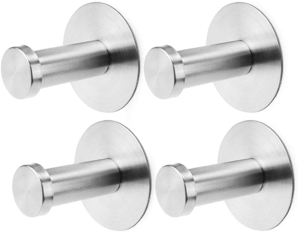 Mustar Self Adhesive Hooks Robe Towel Hook Wall Hanger SUS 304 Stainless Steel Stronger Sticky Wall Hooks for Hanging Bathroom Kitchen Organizer Brushed Nickel, 4 Packs