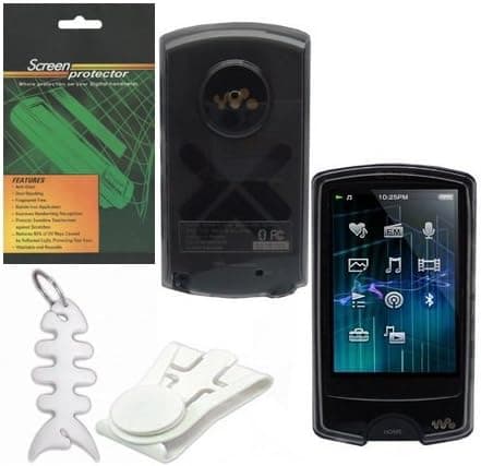 (Smoke) Durable Soft Thermoplastic Polyurethane TPU Rubberized Skin Case Cover + Belt Clip + Screen Protector + Fishbone keychain for Sony A Series (NWZ-A864, NWZ-A865) Walkman Video MP3 Player