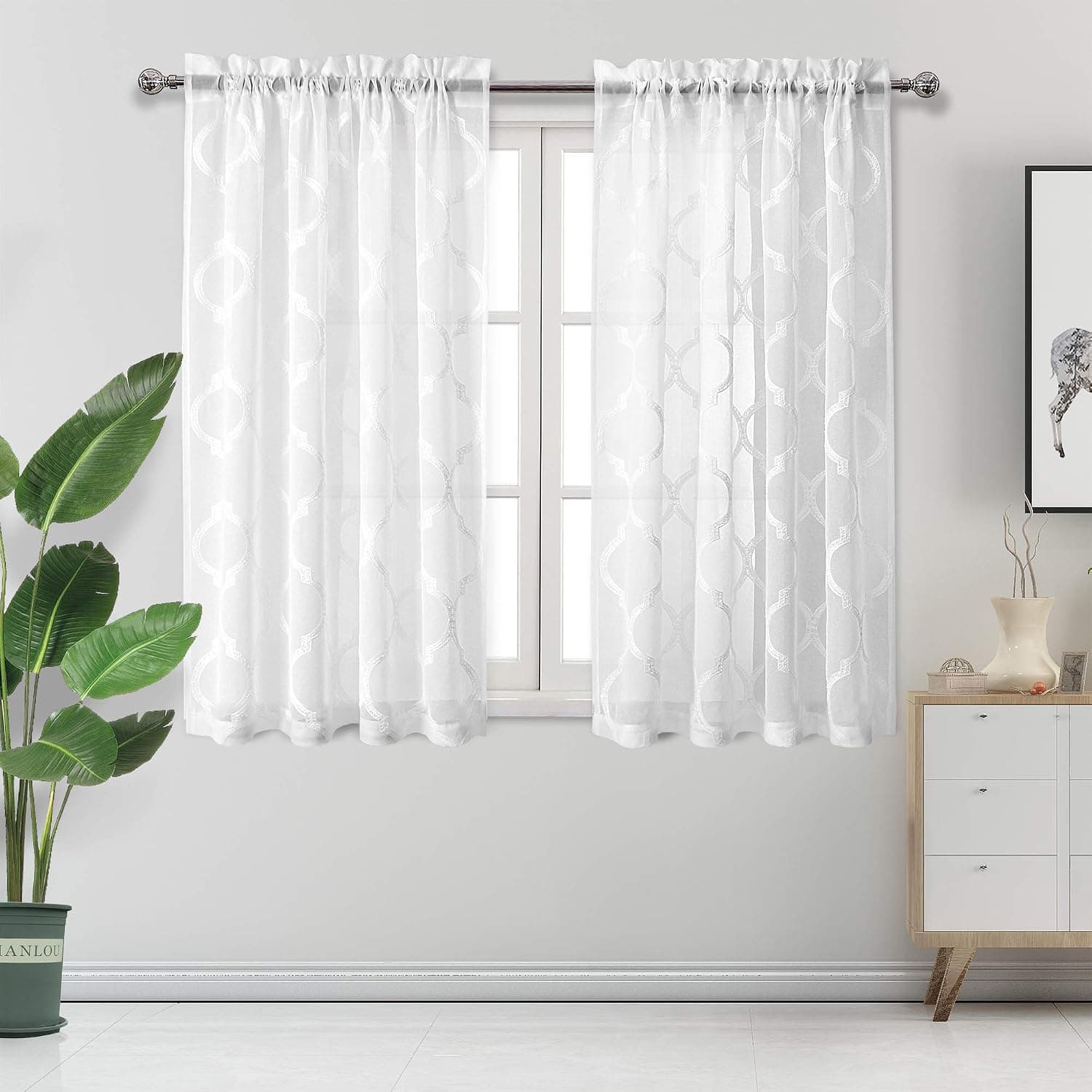 DWCN Moroccan Embroidered Sheer Curtains - Rod Pocket Faux Linen Semi Voile Bedroom and Living Room Curtains, Set of 2 Window Curtain Panels, 52 x 63 Inch Length, Off White
