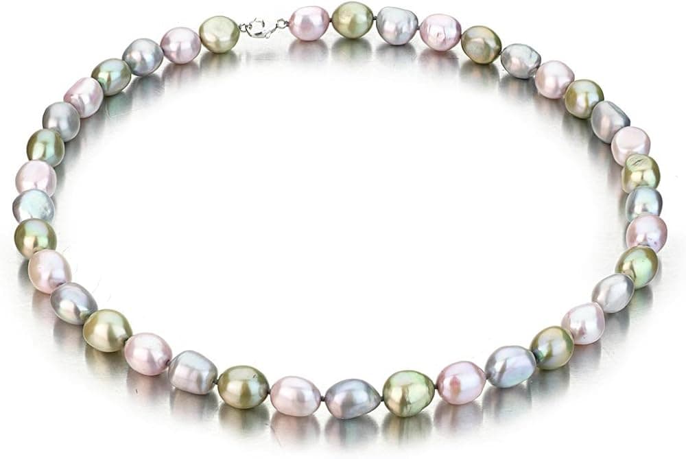 Sterling Silver 10-11mm Baroque Multi Color Grey, Lavender, and Green Freshwater Cultured Pearl Necklace AA+ Quality, 18 Inch