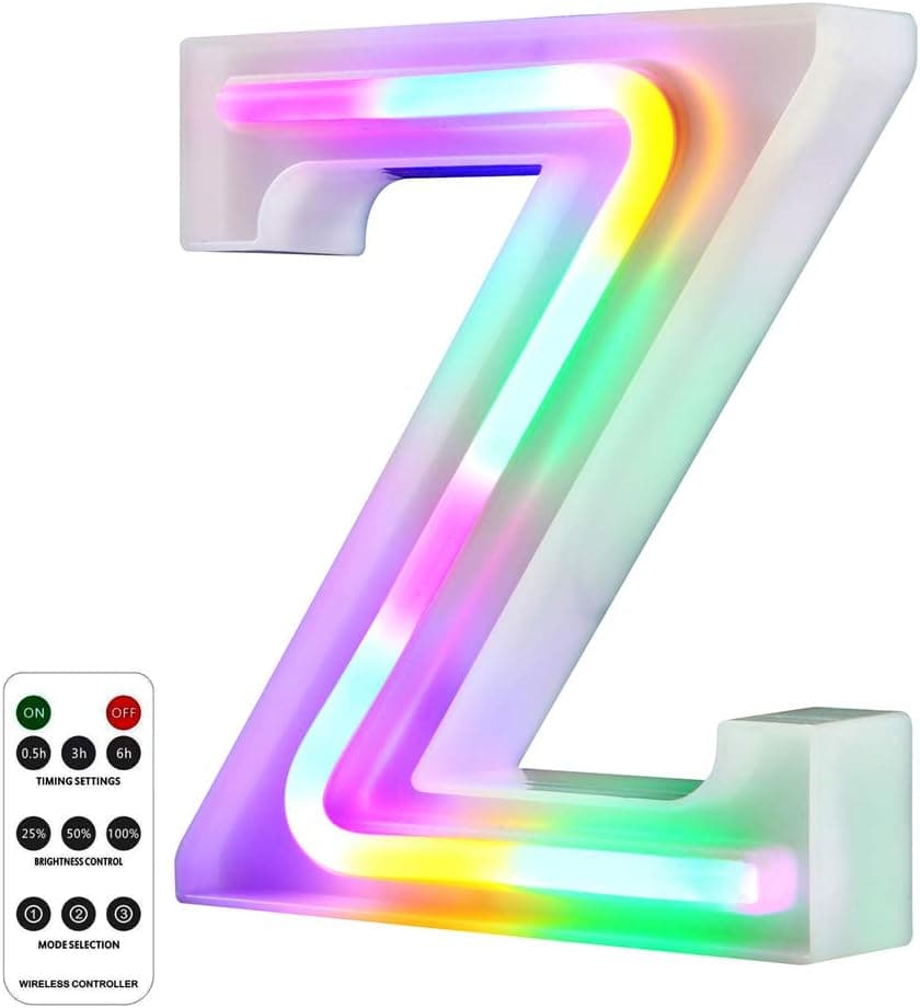 Newly Upgrade LED Neon Letter Lights Marquee Alphabet Light Up Letters with Remote Control，USB/Battery Powered Light Up Letters for Home Decoration Colourful (RC-Z)