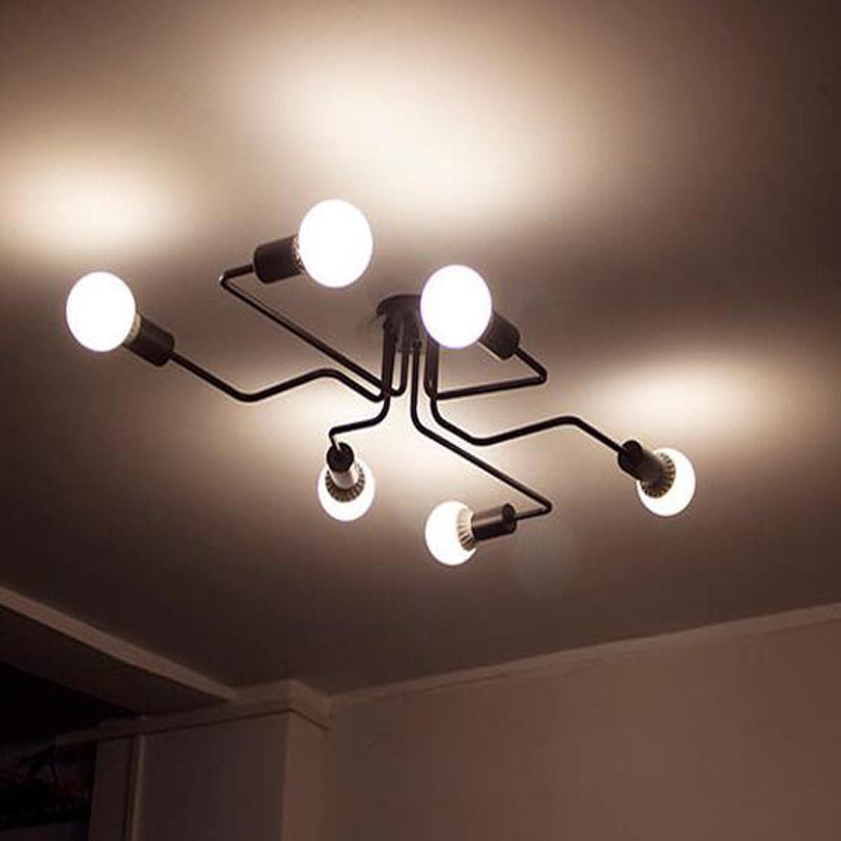 Jeteven Vintage Chandelier Semi Flush Mount Ceiling Light Black Industrial Light Fixture 6 Lights Painted Finish