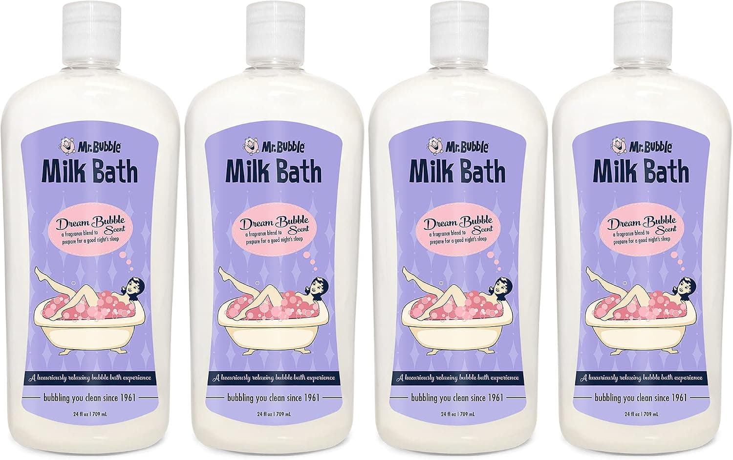 Mr. Bubble Dream Bubble Milk Bath - A Nourishing, Moisturizing, Milk Bath - Paraben Free, Phthalate Free, Coconut and Milk Foaming Bath (4 Bottles, 24 fl oz Each)