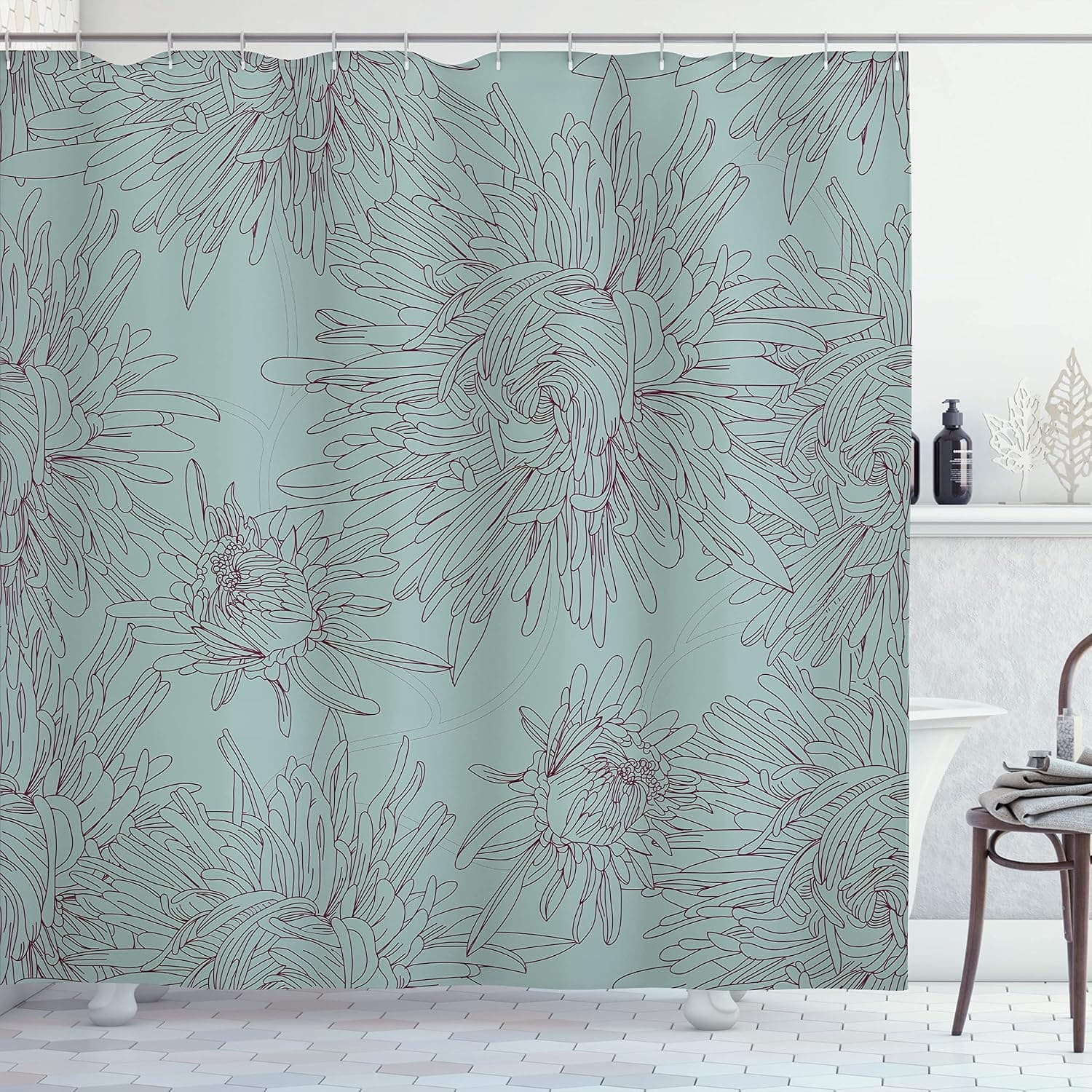 Ambesonne Floral Shower Curtain, Hand Drawing Style Aster Flowers in Retro Colors Romantic Nature, Cloth Fabric Bathroom Decor Set with Hooks, 69" W x 70" L, Green Maroon