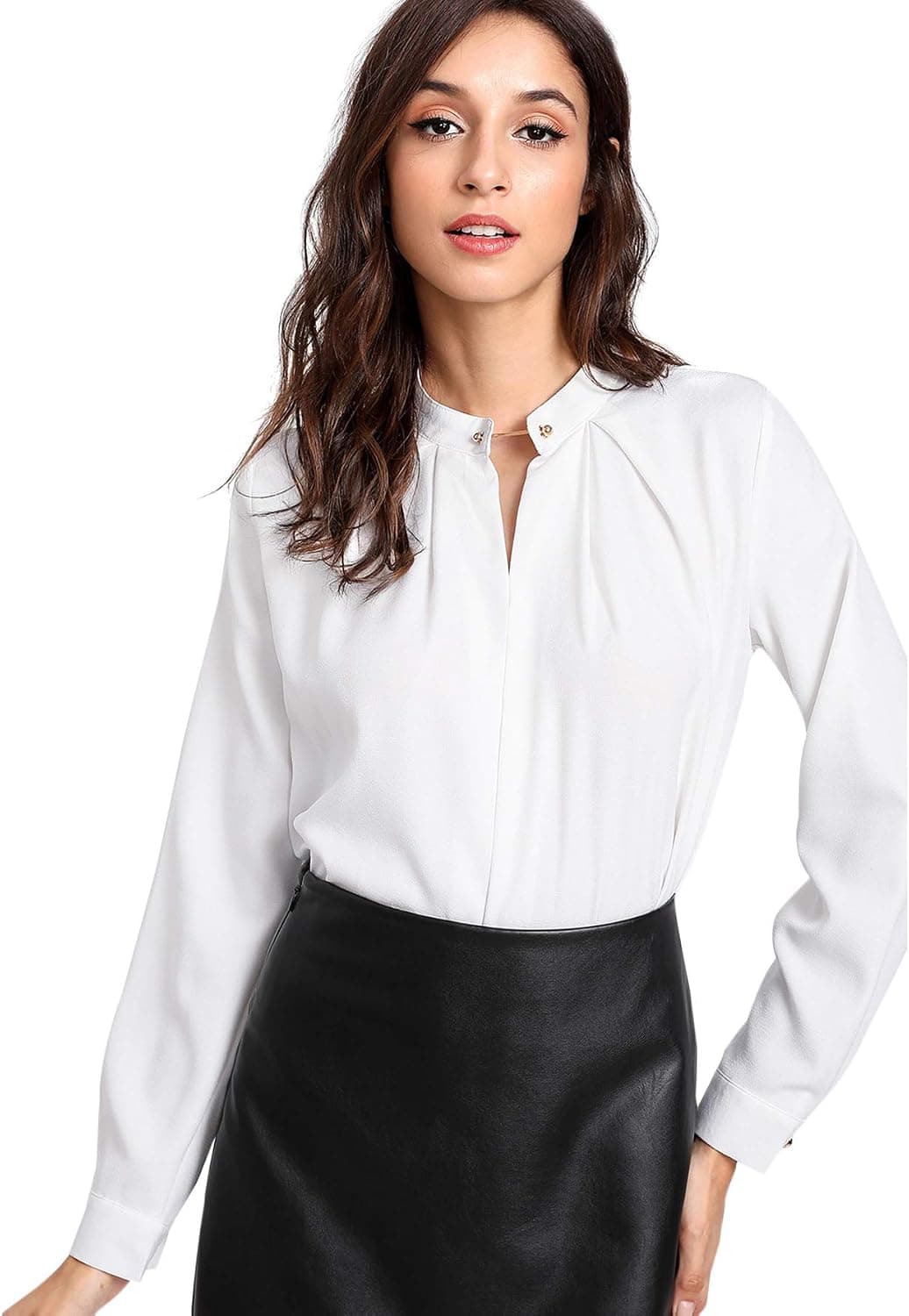 Romwe Women's Elegant Pleated Detail Long Sleeve V Neck Workwear Shirt Tunic Blouse Top