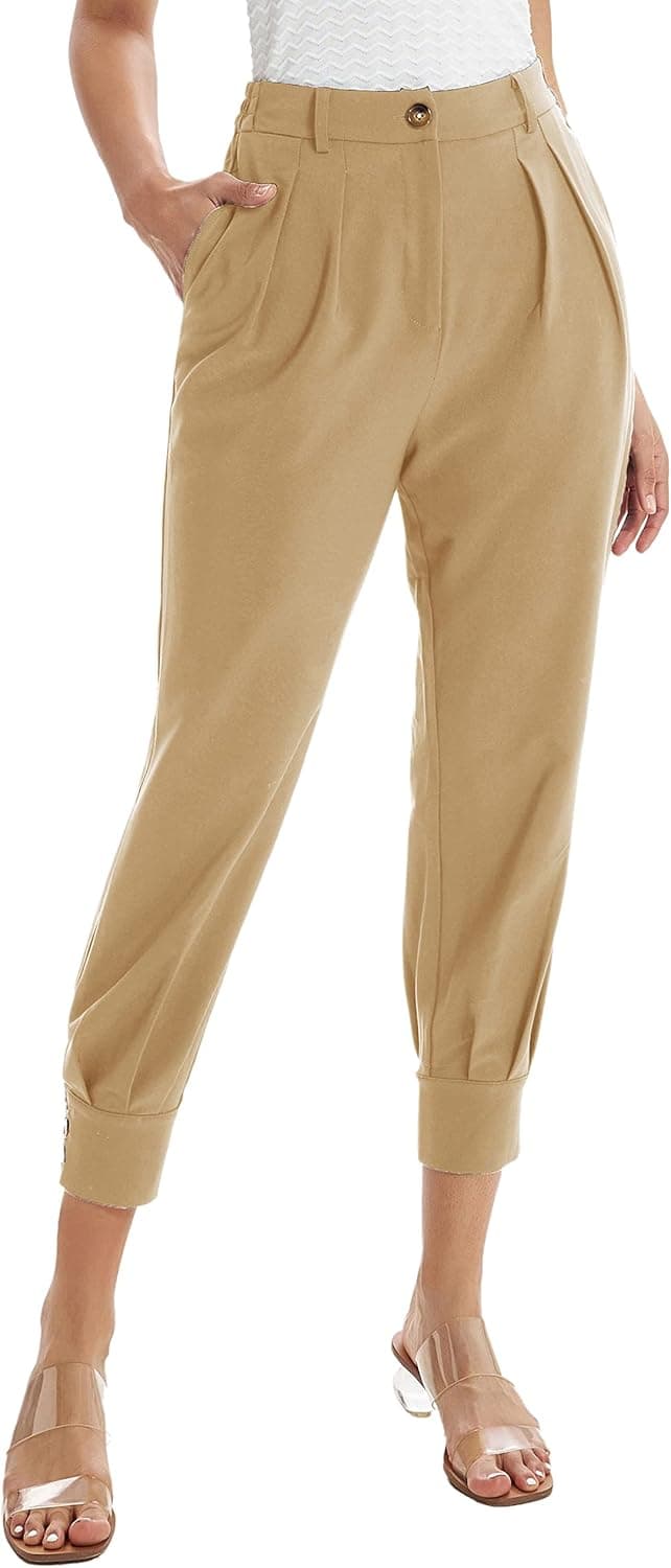 GRACE KARIN Womens Elastic Waist Comfy Cropped Work Trousers with Pockets Casual Loose Pants Khaki L