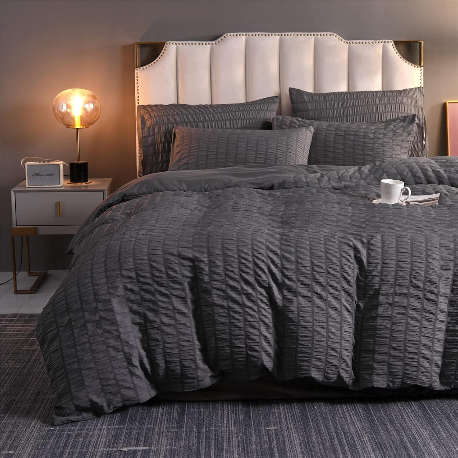 A Nice Night Seersucker Chic Comforter Set，Hotel Style Bedding Set,Soft Microfiber and Durable Bedding Set for All Seasons (Dark-Grey, Queen(88-by-88-inches))