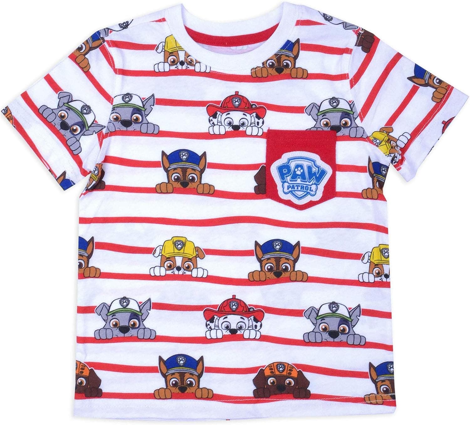 Paw Patrol Toddler Little Boys All Over Print T-Shirt with Pocket (White/Red, 2T)