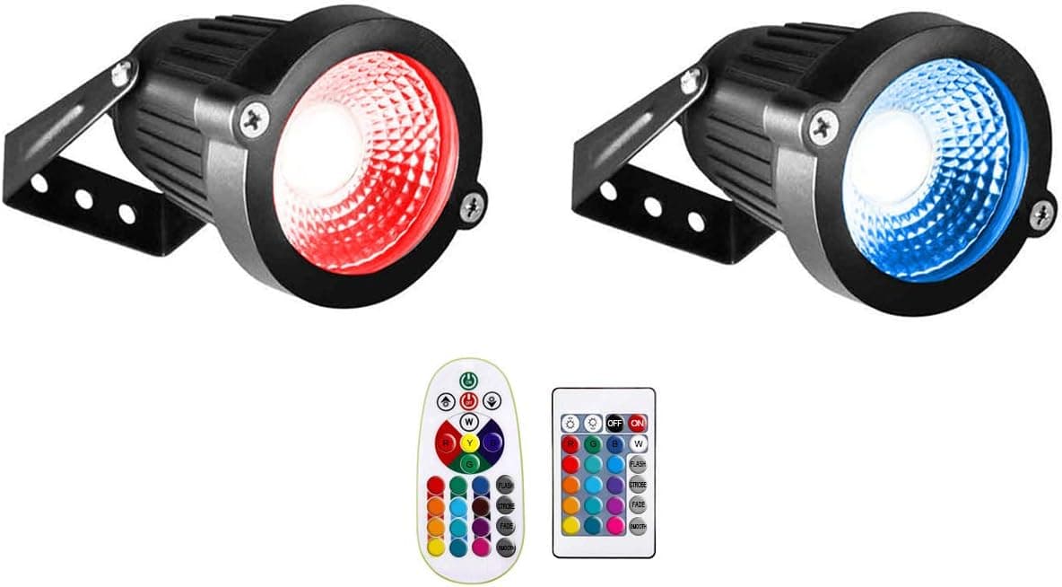 DOREIO Landscape Spotlights 6W Color Changing RGB LED Flood Lights 2Pack 12V-24V Low Voltage Spotlight Outdoor Wall Light Waterproof with Remote Control for Yard